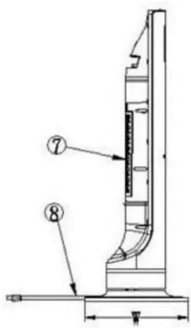 Technical diagram of a mechanical device with labeled parts 7 and 8, showing structural components and dimensional annotations.
