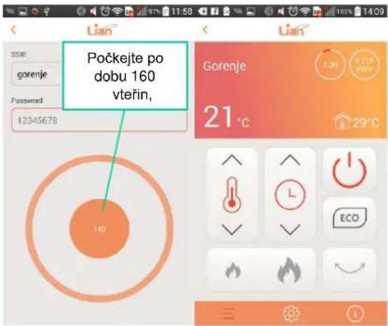 Počkejte po dobu 160 vteřin, Gorenje 21 °C 29 °C
