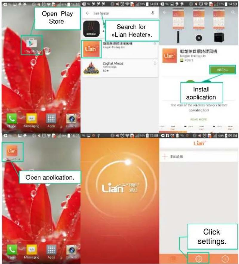Open Play Store. Search for »Lian Heater«. Install application The Year of the wireless network heater operating tool Click settings.