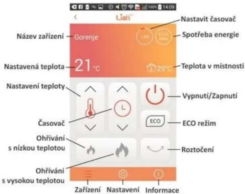 Název zařízení — Gorenje Nastavená teplota — 21 °C Nastavení teploty Časovač Ohřívání s nízkou teplotou Ohřívání s vysokou teplotou Zařízení — Nastavení — Informace Nastavit časovač Spotřeba energie Teplota v místnosti Vypnutí/Zapnutí ECO ECO režim Roztočení