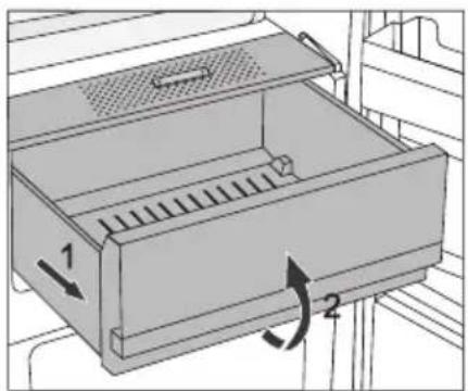 Technical diagram of a refrigerator with labeled parts and directional arrows indicating movement or force