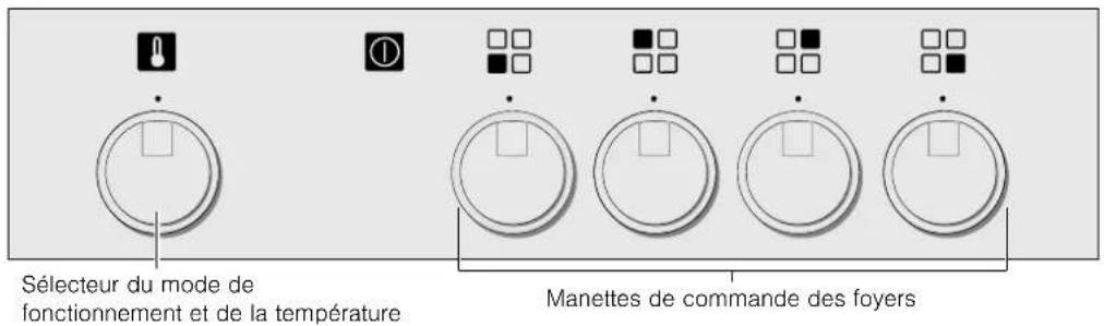Sélecteur du mode de fonctionnement et de la température Manettes de commande des foyers