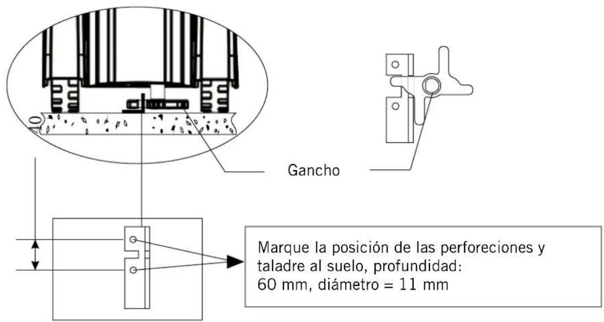 Gancho Marque la posición de las perforeciones y taladre al suelo, profundidad: 60 mm, diámetro = 11 mm