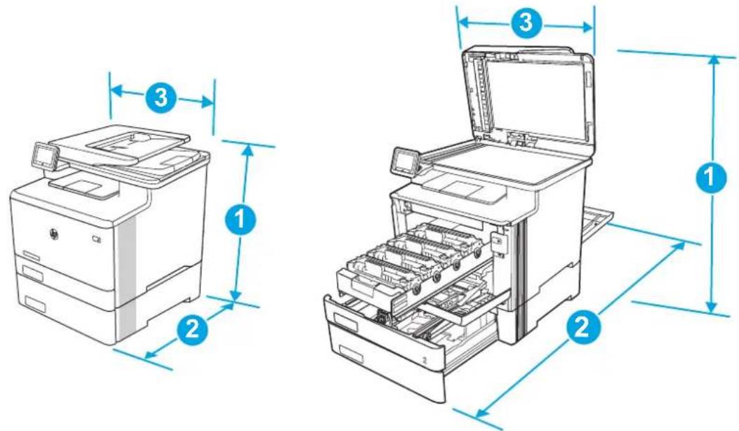 Technical diagram showing two views of a printer with labeled parts and dimension annotations