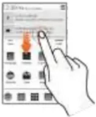 Hand interacting with a touchscreen device displaying various app icons and a dropdown menu with orange arrow