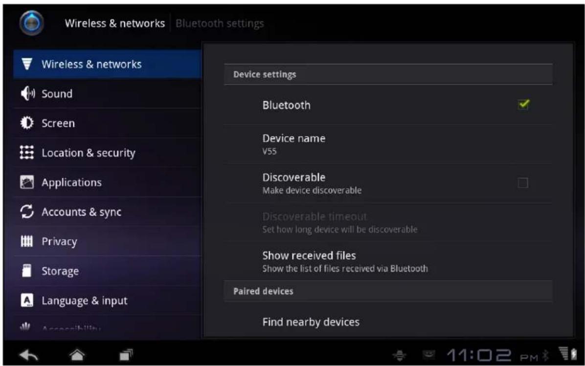 Wireless & networks Bluetooth settings Wireless & networks Sound Screen Location & security Applications Accounts & sync Privacy Storage Language & input Accessibility Device settings Bluetooth Device name V55 Discoverable Make device discoverable Discoverable timeout Set how long device will be discoverable Show received files Show the list of files received via Bluetooth Paired devices Find nearby devices