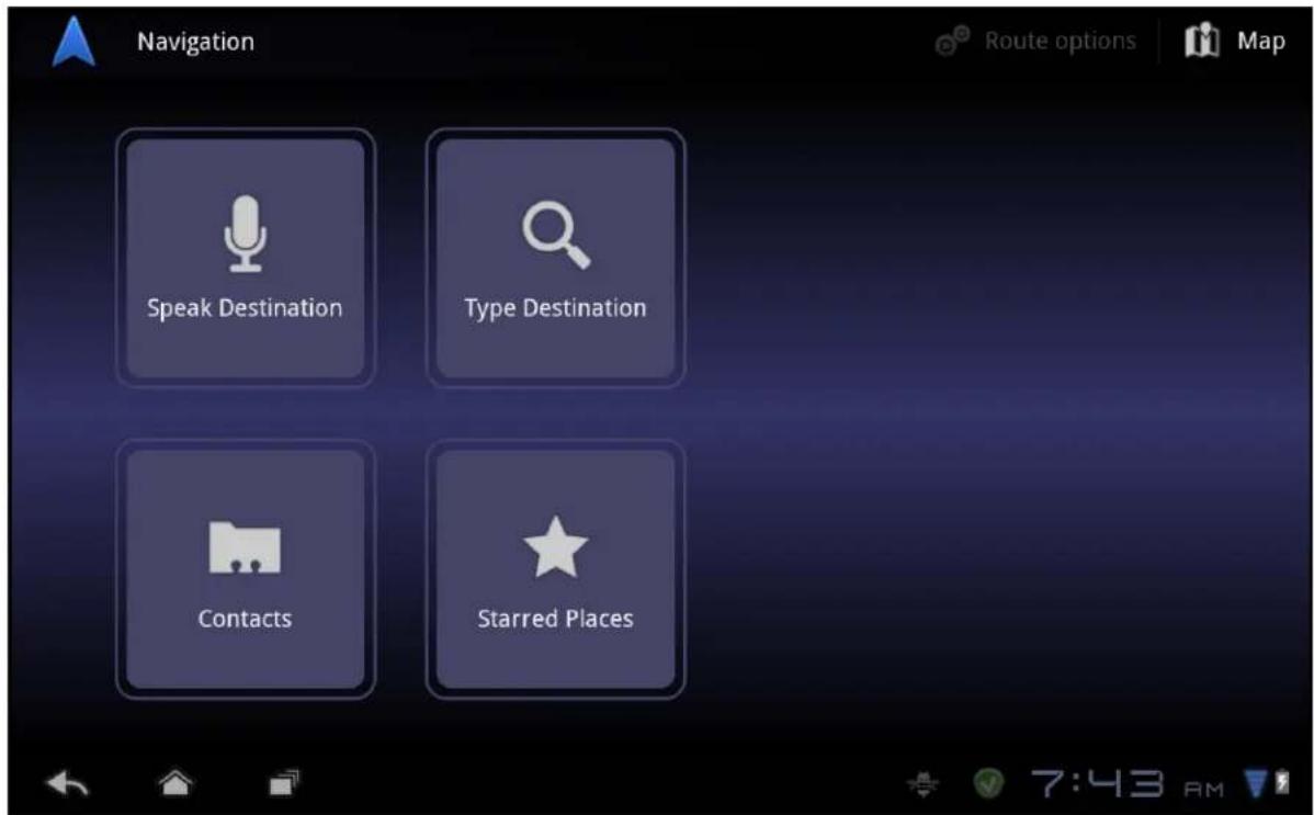 Navigation Speak Destination Type Destination Contacts Starred Places Route options Map 7:43 AM