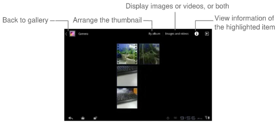 Back to gallery Arrange the thumbnail Display images or videos, or both View information of the highlighted item