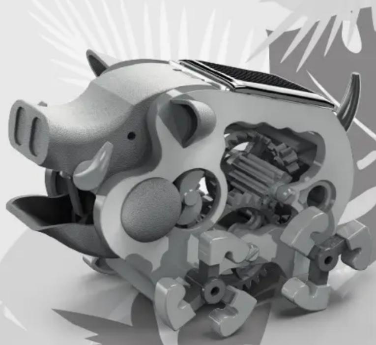 3D cutaway illustration of a piggy bank with internal mechanical components (no text or symbols)