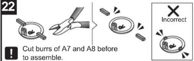 22 Cut burrs of A7 and A8 before to assemble. Incorrect