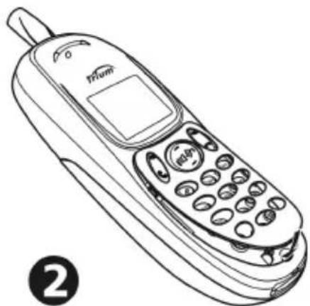 Line drawing of a vintage mobile phone with control panel and keypad (no text or symbols)