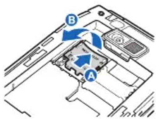 Diagram showing a device interior with labeled components A and B, indicating a mechanical or electronic component.