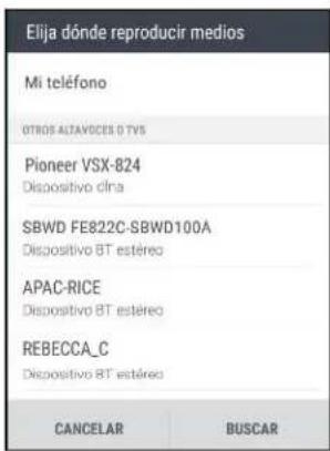 Elija dónde reproducir medios Mi teléfono OTROS ALTAVICES 0 TVS Pioneer VSX-824 Dispositivo clna SBWD FE822C-SBWD100A Dispositivo BT estéreo APAC-RICE Dispositivo BT estéreo REBECCA_C Dispositivo BT estéreo CANCELAR BUSCAR