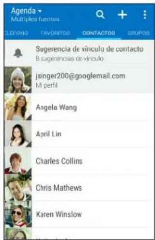 Agenda Múltiples fuentes LEFONO FAVORITOS CONTACTOS GRUPOS Sugerencia de vínculo de contacto 8 sugerencias de vínculo jsinger200@googlemail.com M perfil Angela Wang April Lin Charles Collins Chris Mathews Karen Winslow
