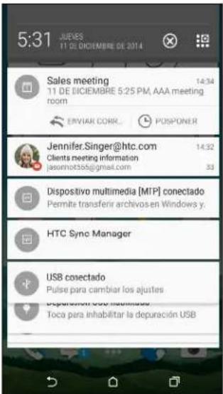5:31 JUENES 11 DE DICIEMBRE DE 2014 Sales meeting 14:34 11 DE DICIEMBRE 5:25 PM, AAA meeting room ENVIAE CORR... PUSPONE.R Jennifer.Singer@htc.com 14:32 Clients meeting information jaseshot355@gmail.com 33 Dispositivo multimedia [MIP] conectado Permite transferir archivos en Windows y. HTC Sync Manager USB conectado Pulse para cambiar los ajustes desporación como multimédia Toca para inhabilitar la depuración USB