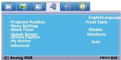Projector Position Menu Settings Blank Timer Splash Screen Screen Capture My Button Advanced EnglishLanguage Front Table Disable ViewSonic Auto Analog RGB MENU Exit
