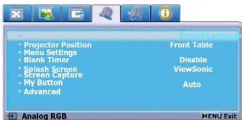Projector Position Menu Settings Blank Timer Splash Screen Screen Capture My Button Advanced Front Table Disable ViewSonic Auto Analog RGB MENU Exit