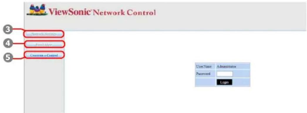 ViewSonic Network Control 3 4 5 Control Events Event Info Create e-Control User Name Administrator Password Login