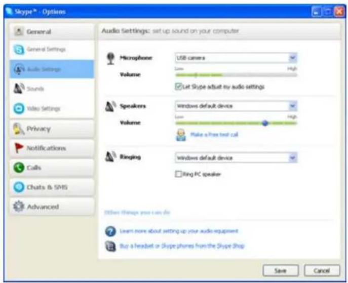 Skype® - Options General Settings Audio Settings Sounds Video Settings Privacy Notifications Calls Charts & SMS Advanced Audio Settings: set up sound on your computer Microphone USB camera Volume Low High Let Skype adjust my audio settings Speakers Windows default device Volume Low High Make a free text call Ringing Windows default device Ring PC speaker Others things you can do Learn more about setting up your audio equipment Buy a headset or Skype phones from the Skype Shop Save Cancel