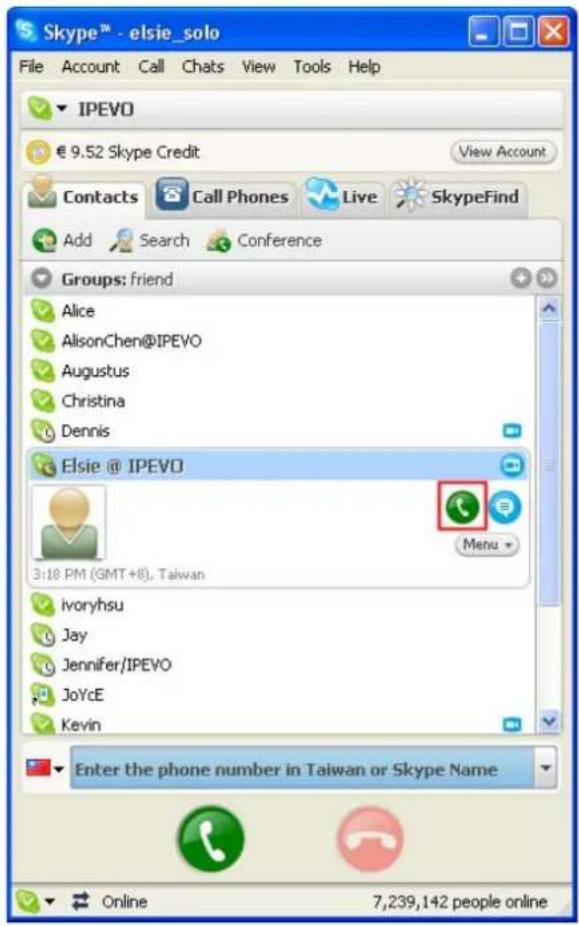 Skype™ - elsie_solo File Account Call Chats View Tools Help ▼ IPEVO € 9.52 Skype Credit View Account Contacts Call Phones Live SkypeFind Add Search Conference Groups: friend Alice AlisonChen@IPEVO Augustus Christina Dennis Elsie @ IPEVO 3:18 PM (GMT+8), Taiwan Menu ivoryhsu Jay Jennifer/IPEVO JoYcE Kevin Enter the phone number in Taiwan or Skype Name 7,239,142 people online