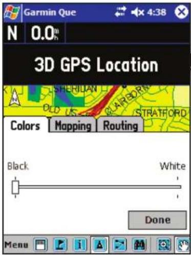 Garmin Que N 0.0m 3D GPS Location SHERIDIAN OLD US CLARSOEN STRATFORD Colors Mapping Routing Black White Done Menu