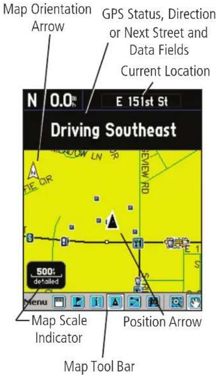 Map Orientation Arrow GPS Status, Direction or Next Street and Data Fields Current Location Driving Southeast N 0.0° E 151st St 500: detailed Map Scale Indicator Position Arrow Map Tool Bar