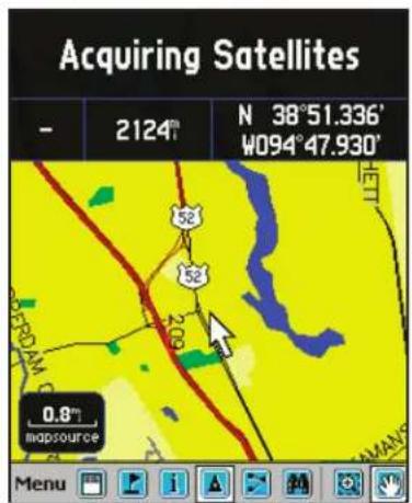 Acquiring Satellites - 2124° N 38°51.336' W094°47.930' 52 52 0.8° mapsource Menu