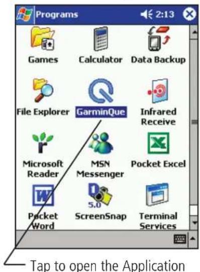 Programs Games Calculator Data Backup File Explorer GarminQue Infrared Receive Microsoft Reader MSN Messenger Pocket Excel Packet Word ScreenSnap Terminal Services Tap to open the Application