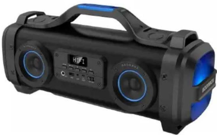 Black portable electronic device with blue-lit headlight and digital display (no visible text or symbols)