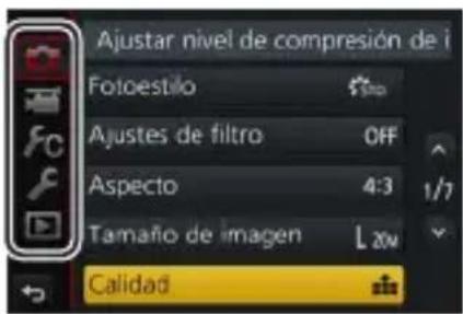 Ajustar nivel de compresión de i Fotoestilo Ajustes de filtro OFF Aspecto 4:3 1/7 Tamaño de imagen L 20V Calidad