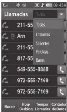 Llamadas 211-55 Am 211-55 817-55 549-555-8888 972-555-7169 972-555-7169 Borrar Bloq/ Desbloq Tempor Llamadas Contador de Datos 09:43A