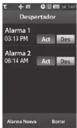 Despertador Alarma 1 03:13 PM Act Des Alarma 2 06:14 AM Act Des Alarma Nueva Borrar