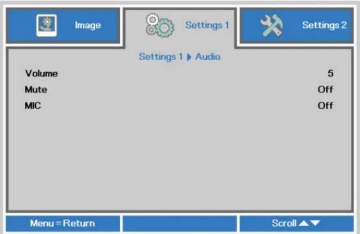 Image Settings 1 Settings 2 Settings 1 ▶ Audio Volume 5 Mute Off MIC Off Menu = Return Scroll ▲▼