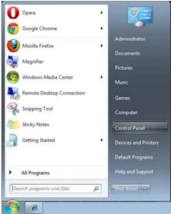 Opera Google Chrome Mozilla Firefox Magnifier Windows Media Center Remote Desktop Connection Snipping Tool Sticky Notes Getting Started All Programs Search programs and files Administrator Documents Pictures Music Games Computer Control Panel Devices and Printers Default Programs Help and Support Shut down
