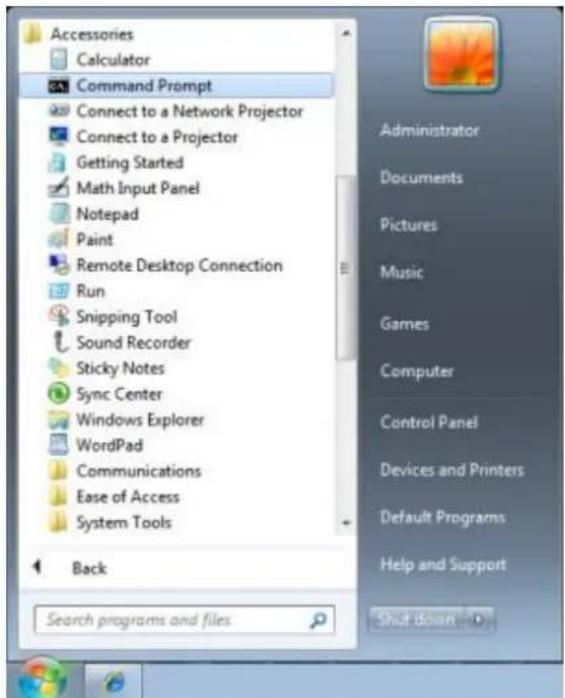 Accessories Calculator Command Prompt Connect to a Network Projector Connect to a Projector Getting Started Math Input Panel Notepad Paint Remote Desktop Connection Run Snipping Tool Sound Recorder Sticky Notes Sync Center Windows Explorer WordPad Communications Ease of Access System Tools Back Search programs and files Administrator Documents Pictures Music Games Computer Control Panel Devices and Printers Default Programs Help and Support Shut down