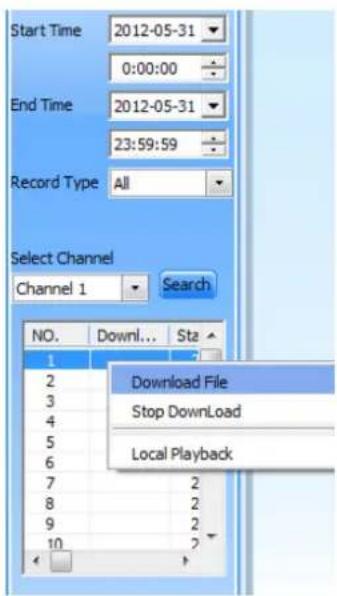 Start Time 2012-05-31 0:00:00 End Time 2012-05-31 23:59:59 Record Type All Select Channel Channel 1 Search NO. Downl... Stz Download File Stop Download Local Playback