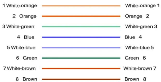 | Category | Value | |---|---| | 1 White-orange | White-orange 1 | | 2 Orange | Orange 2 | | 3 White-green | White-green 3 | | 4 Blue | Blue 4 | | 5 White-blue | White-blue 5 | | 6 Green | Green 6 | | 7 White-brown | White-brown 7 | | 8 Brown | Brown 8 |