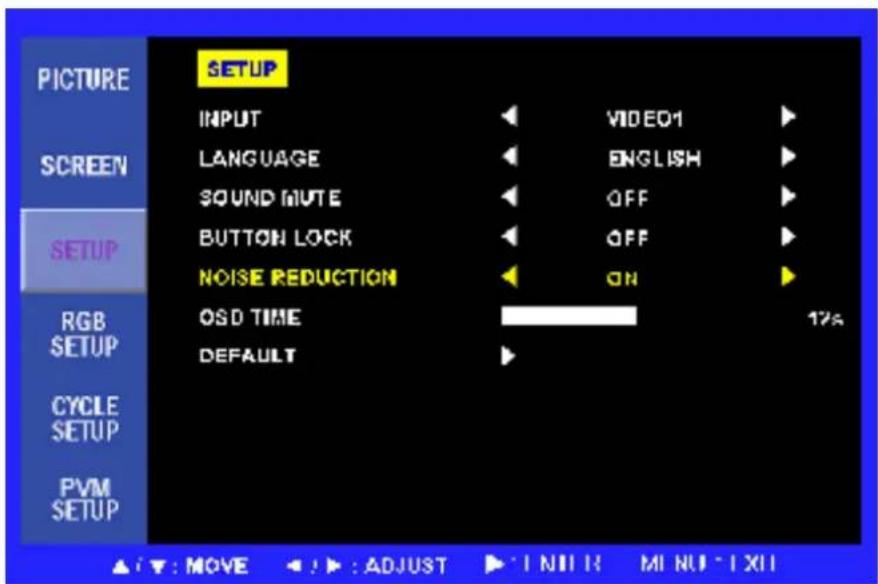 PICTURE SCREEN SETUP RGB SETUP CYCLE SETUP PVM SETUP SETUP INPUT LANGUAGE SOUND MUTE BUTTON LOCK NOISE REDUCTION OSD TIME DEFAULT VIDEO1 ENGLISH OFF OFF ON 17% ▲: ▼: MOVE ▲: ▶: ADJUST ▶: ↑NII R MIN U : XII