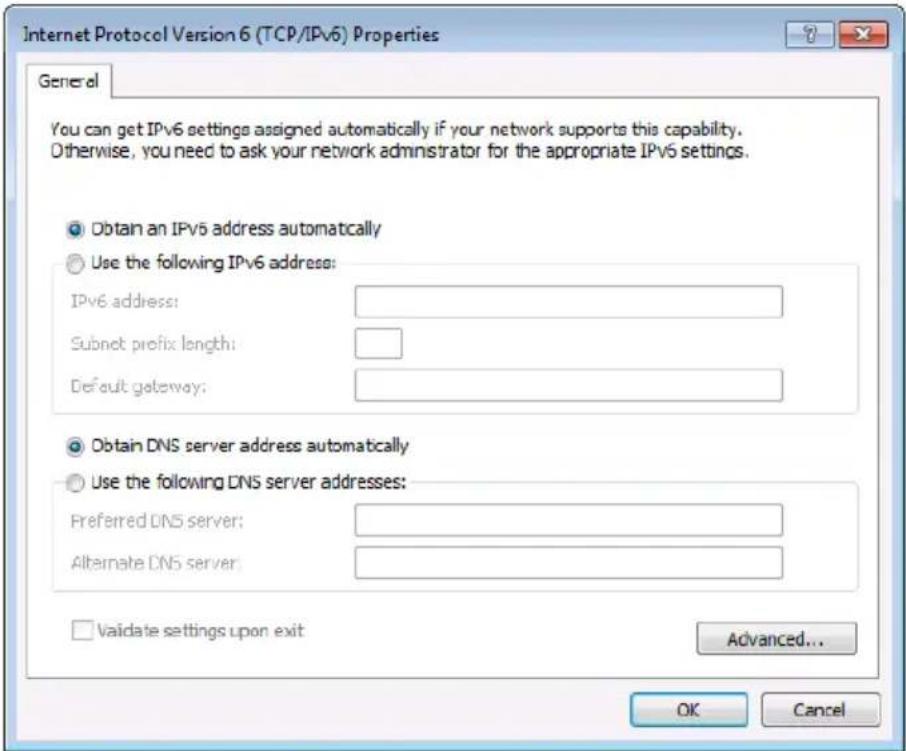Internet Protocol Version 6 (TCP/IPv6) Properties General You can get IPv6 settings assigned automatically if your network supports this capability. Otherwise, you need to ask your network administrator for the appropriate IPv6 settings. Obtain an IPv6 address automatically Use the following IPv6 address: IPv6 address: Subnet prefix length: Default gateway: Obtain DNS server address automatically Use the following DNS server addresses: Preferred DNS server: Alternate DNS server: Validate settings upon exit Advanced... OK Cancel