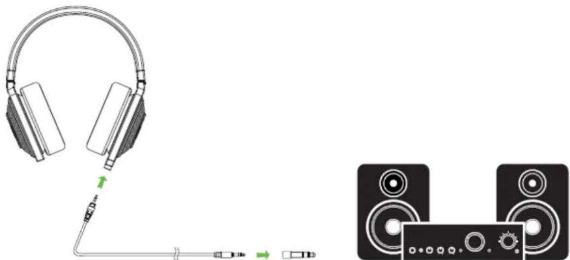 Illustration of a headset connected to a speaker with audio equipment (no text or symbols)