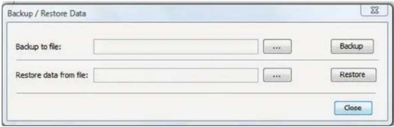 Backup / Restore Data Backup to file: ... Backup Restore data from file: ... Restore Close