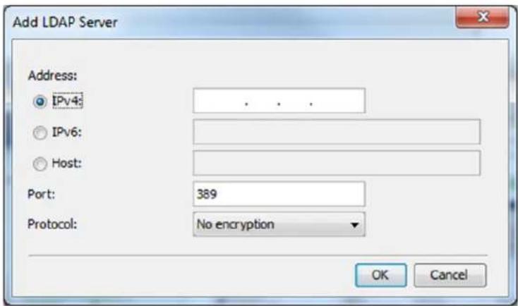 Add LDAP Server Address: IPv4: IPv6: Host: Port: 389 Protocol: No encryption OK Cancel