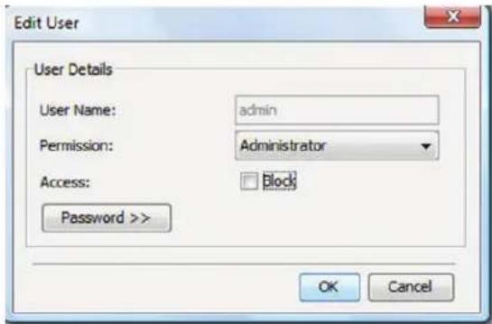 Edit User User Details User Name: admin Permission: Administrator Access: Password >> OK Cancel
