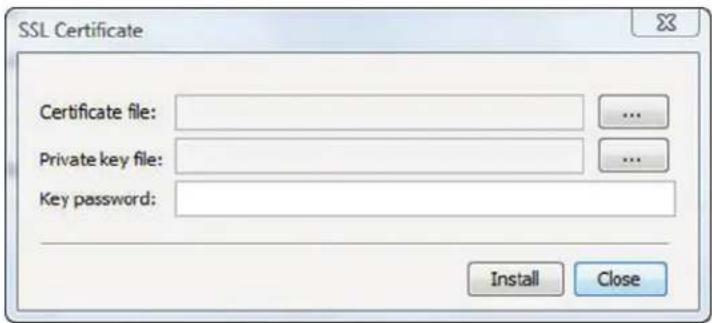 SSL Certificate Certificate file: ... Private key file: ... Key password: Install Close