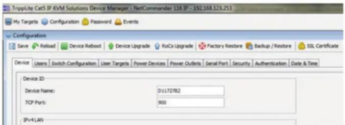 TripLite Cat5 IP KVM Solutions Device Manager : NetCommander 116 IP - 192.168.123.253 My Targets Configuration Password Events Configuration Save Reload Device Reboot Device Upgrade RoCs Upgrade Factory Restore Backup /Restore SSL Certificate Device Users Switch Configuration User Targets Power Devi…