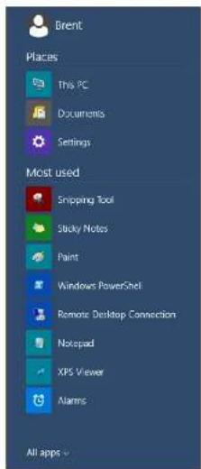 Brent Places This PC Documents Settings Most used Snipping Tool Sticky Notes Paint Windows PowerShell Remote Desktop Connection Notepad XPS Viewer Alarms All apps