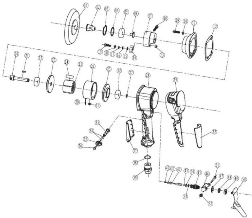 Exploded view diagram of a mechanical device with numbered parts for identification