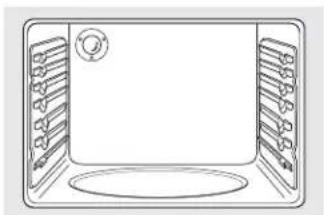 Line drawing of a room with a large door and a circular vent, no text or symbols present