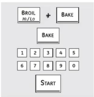 graph TD A["BROIL Hi/Lo"] + B["BAKE"] --> C["BAKE"] C --> D["1 2 3 4 5"] D --> E["6 7 8 9 0"] E --> F["START"]