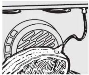 Diagram of a mechanical or electrical component with a curved pipe and circular features (no text or symbols)